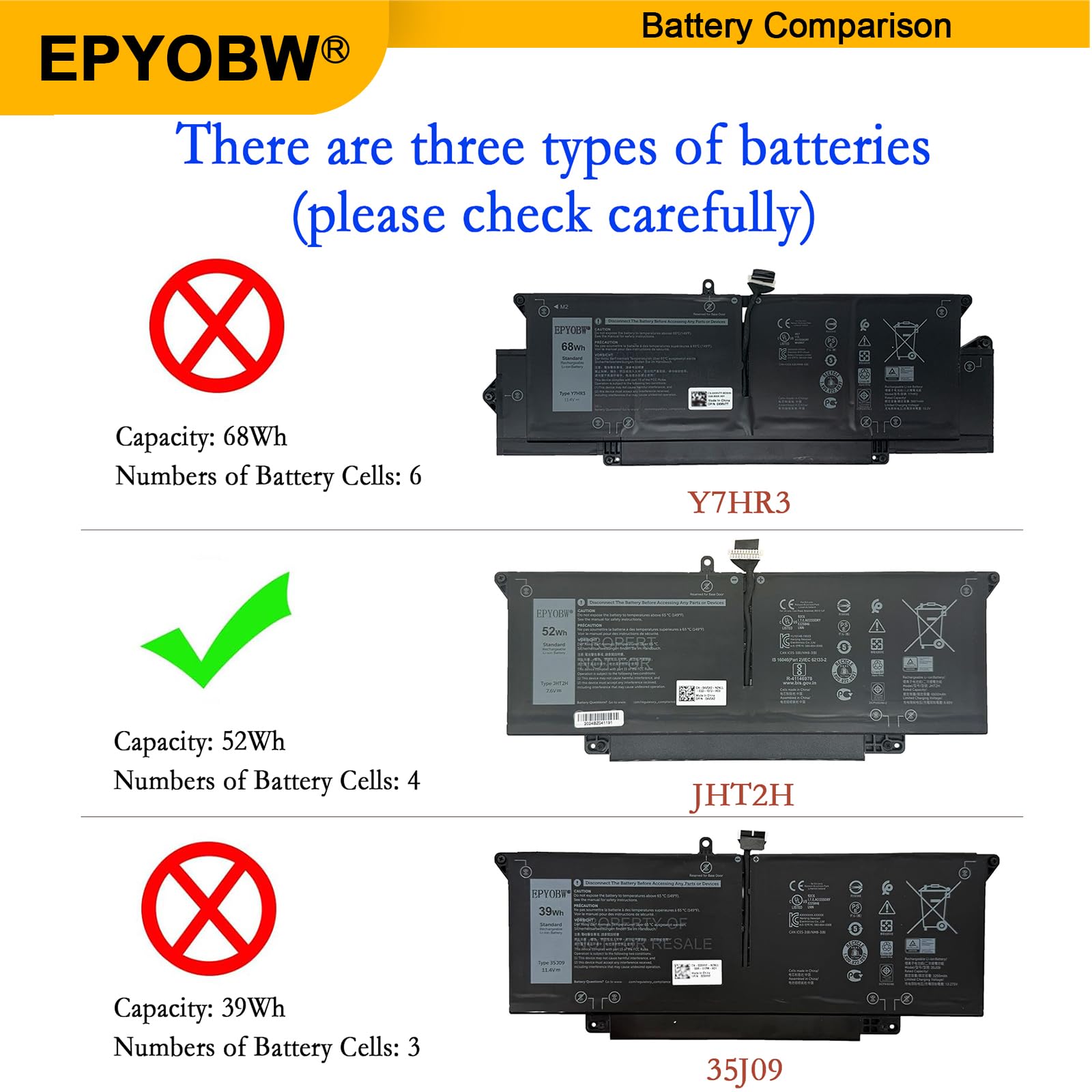 EPYOBW JHT2H Battery 52Wh 6500mAh 4-Cell 7.6V Compatible with Dell